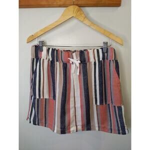 Dash Linen Blend Mini Skirt Women's M Coral Navy Stripe Drawstring Pockets